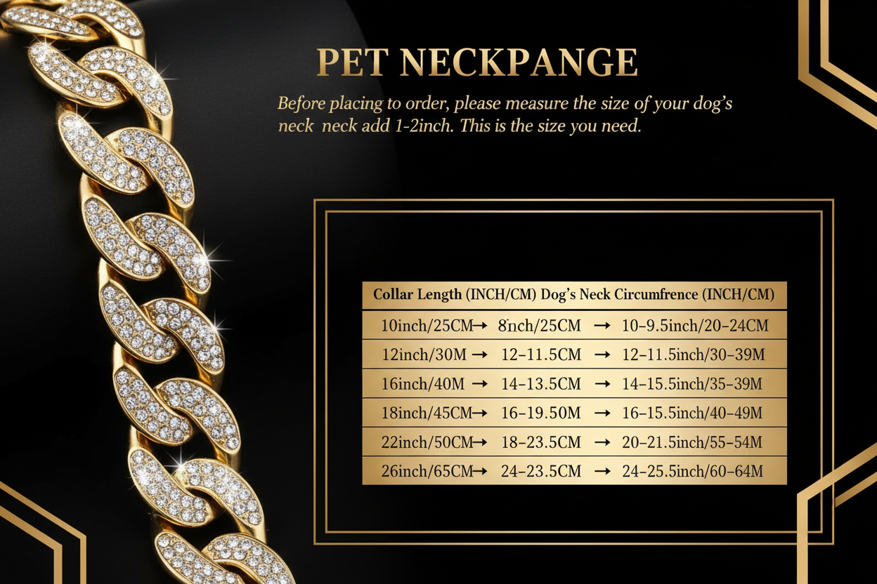 Lyxig storleksguide med svart bakgrund och guldkedja